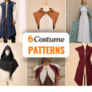 May include: A collection of 6 costume patterns featuring a blue vest, a brown hooded capelet, a light green dress with a cape, a black hooded cowl, a white and maroon decorative collar with bells, and a maroon vest with front toggle closures.