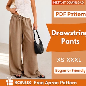 May include: A person wearing drawstring pants in a light brown color, paired with a white top and black sandals. The image also features a black handbag. Text on the image reads "Drawstring Pants", "XS-XXXL", and "Beginner Friendly".