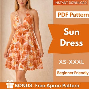 Op de afbeelding: Een halternek zonnejurk met een bloemenpatroon in oranje, wit en geel. De jurk heeft een V-hals en een gefranjerde zoom. De afbeelding bevat de tekst "Sun Dress", "XS-XXXL" en "Beginner Friendly".