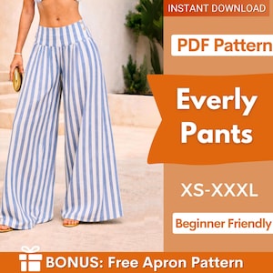 Può includere: Pantaloni a gamba larga con righe verticali blu e bianche e vita alta. Il testo sull'immagine recita: INSTANT DOWNLOAD, PDF Pattern, Everly Pants, XS-XXXL, Beginner Friendly, BONUS: Free Apron Pattern.