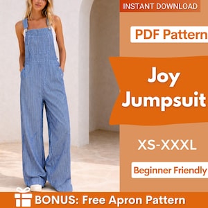Puede incluir: Una persona lleva un mono a rayas azules y blancas con perneras anchas y tirantes ajustables. La imagen incluye el texto: "Joy Jumpsuit", "XS-XXXL" y "Beginner Friendly".