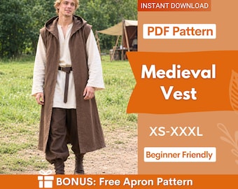 Medieval Vest Sewing Pattern for Men | Tunic Pattern | Warrior Robe Pattern | Costume Sewing Pattern | Fantasy Pattern | Beginner Pattern