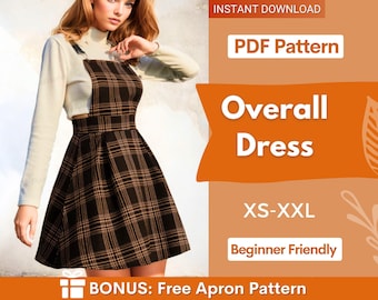 May include: A black and brown plaid overall dress with a high waist and a flared skirt. The text on the image reads: INSTANT DOWNLOAD, PDF Pattern, Overall Dress, XS-XXL, Beginner Friendly, BONUS: Free Apron Pattern.