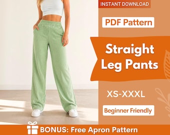 Straight Leg Pants Sewing Pattern | Trousers Pattern | Pants Pattern | Women Sewing Pattern | High Waisted Pants PDF Pattern