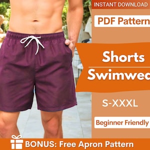 Könnte beinhalten: Einfarbige dunkelviolette Badeshorts mit elastischem Bund und weißem Kordelzug. Das Bild enthält den Text: INSTANT DOWNLOAD, PDF Pattern, Shorts Swimwear, S-XXXL, Beginner Friendly und BONUS: Free Apron Pattern.