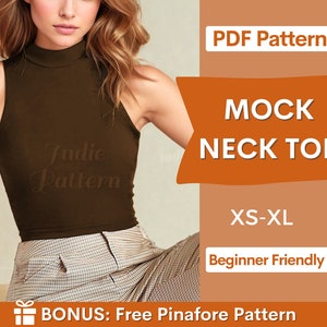 Mock Neck Top Sewing Pattern, Crop Top Pattern PDF, Tank Top Sewing Pattern, Easy Pattern, Instant Download, XS-XL, Crop Tank Top Sewing