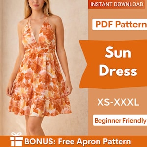 May include: A halter-neck sun dress with an orange and white floral pattern. The image includes text: INSTANT DOWNLOAD, PDF Pattern, Sun Dress, XS-XXXL, Beginner Friendly, and BONUS: Free Apron Pattern. The dress features a deep V-neckline.
