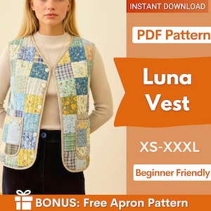 May include: A quilted patchwork vest in a mix of floral and plaid fabrics, featuring blues, yellows, and greens. It has a button closure and pockets. The image includes the text "Luna Vest", "XS-XXXL", and "Beginner Friendly".