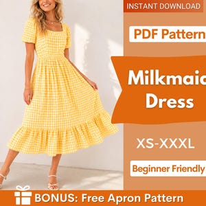Könnte beinhalten: Ein gelb-weiß kariertes Kleid mit kurzen Puffärmeln, einem quadratischen Ausschnitt und einem gerüschten Saum. Der Text auf dem Bild lautet: INSTANT DOWNLOAD, PDF Pattern, Milkmaid Dress, XS-XXXL, Beginner Friendly, BONUS: Free Apron Pattern.