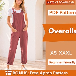 May include: A woman in dusty rose overalls and a white t-shirt. The overalls have pockets and bow details on the straps. The image includes text that says "Overalls", "PDF Pattern", "XS-XXXL", and "Beginner Friendly".
