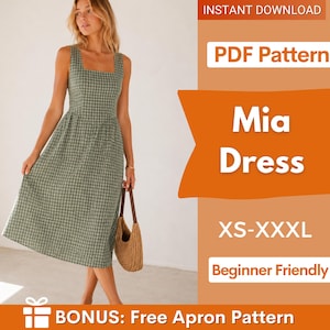 May include: A sleeveless midi dress in a green and black checkered pattern with a square neckline and a fitted bodice. The text on the image reads: INSTANT DOWNLOAD, PDF Pattern, Mia Dress, XS-XXXL, Beginner Friendly, BONUS: Free Apron Pattern.