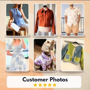 May include: A collage of customer photos showcasing various clothing items. Featured are a blue striped top, an orange jacket, a patterned short-sleeve shirt, a blue and white dress, a dog in a purple hoodie, and a green and blue jacket.