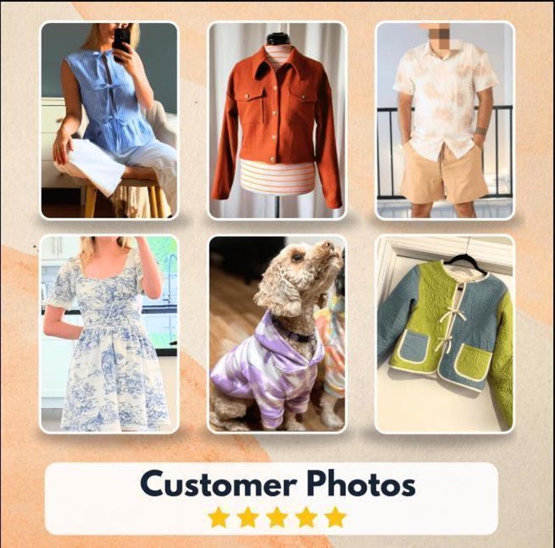 May include: A collage of customer photos showcasing various clothing items. Featured are a blue striped top, an orange jacket, a patterned short-sleeve shirt, a blue and white dress, a dog in a purple hoodie, and a green and blue jacket.