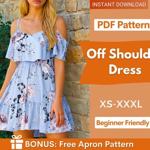 Op de afbeelding: Een lichtblauwe off-shoulder jurk met bloemenpatroon, dunne bandjes, een ruche-top en een gelaagde rok. De tekst luidt: INSTANT DOWNLOAD, PDF Pattern, Off Shoulder Dress, XS-XXXL, Beginner Friendly, BONUS: Free Apron Pattern.