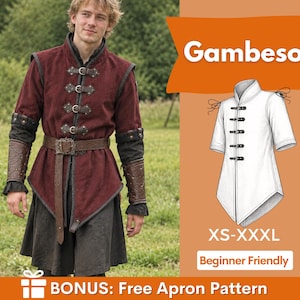 May include: A maroon long-sleeved gambeson with a high collar, front buckle closures, and brown leather-like arm guards. The image includes a white line drawing of the garment labeled Gambeson, XS-XXXL, and Beginner Friendly.