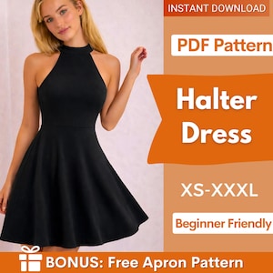 Könnte beinhalten: Ein schwarzes Halfterkleid mit ausgestelltem Rock. Das Bild enthält den Text "Halter Dress", "XS-XXXL" und "Beginner Friendly". Das Bild zeigt auch "Instant Download" und "BONUS: Free Apron Pattern".