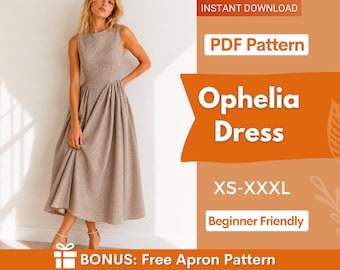 Peut inclure: Une robe midi sans manches à motif micro-carreaux marron clair et blanc avec un corsage ajusté et une jupe plissée. Le texte sur l'image indique : INSTANT DOWNLOAD, PDF Pattern, Ophelia Dress, XS-XXXL, Beginner Friendly, BONUS: Free Apron Pattern.