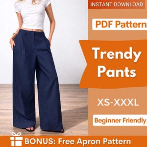 Puede incluir: Pantalones anchos azul marino. Los pantalones son de cintura alta con pliegues en la parte delantera. La imagen también incluye el texto "Trendy Pants", "XS-XXXL" y "Beginner Friendly".