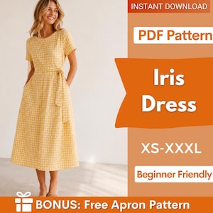 Könnte beinhalten: Ein gelb-weiß kariertes Kleid mit kurzen Ärmeln, Rundhalsausschnitt und Taillenband. Der Text auf dem Bild lautet: PDF Pattern, Iris Dress, XS-XXXL, Beginner Friendly, BONUS: Free Apron Pattern und INSTANT DOWNLOAD.