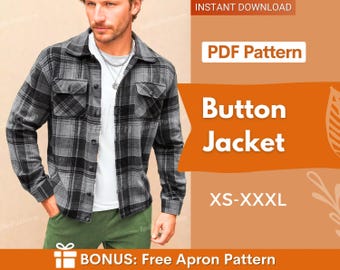 May include: A gray and black plaid button jacket with a collar, long sleeves, and two chest pockets. The text on the image reads: INSTANT DOWNLOAD, PDF Pattern, Button Jacket, XS-XXXL, BONUS: Free Apron Pattern.