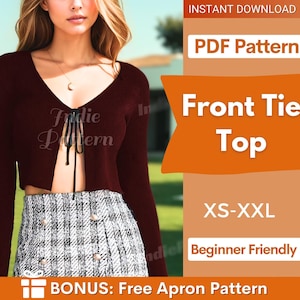 Może przedstawiać: Długorękawowy, prążkowany top w kolorze ciemnego bordo z wiązaniem z przodu i dekoltem w serek. Tekst na obrazku: INSTANT DOWNLOAD, PDF Pattern, Front Tie Top, XS-XXL, Beginner Friendly, BONUS: Free Apron Pattern. Top zestawiony ze spódnicą w kratę.