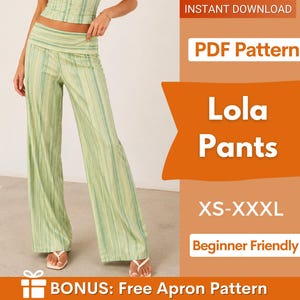 Może przedstawiać: Jasnozielone i białe spodnie w paski z pasującym topem. Obraz zawiera tekst "Lola Pants" i "XS-XXXL". Obraz zawiera również "Beginner Friendly" i "BONUS: Free Apron Pattern".
