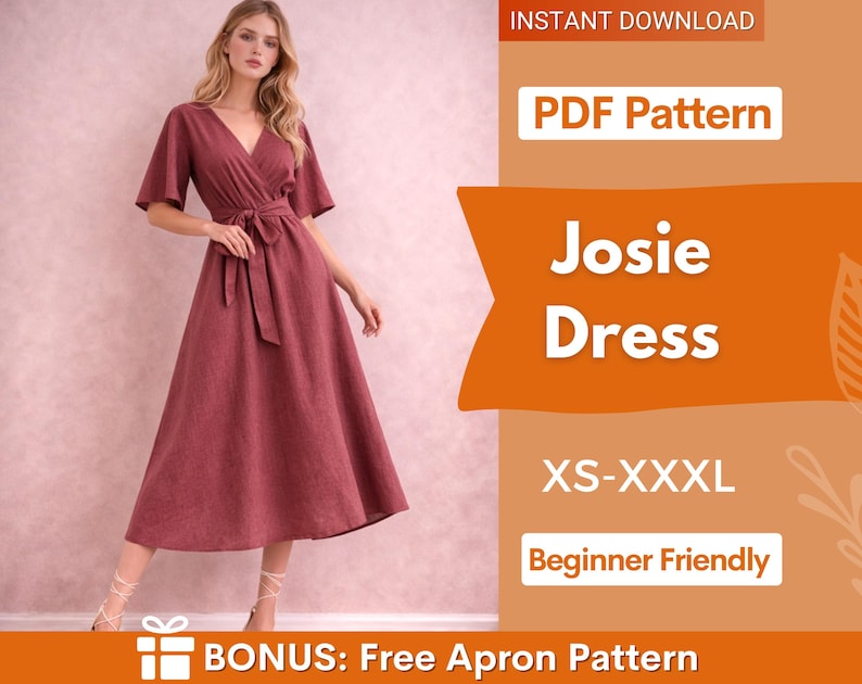 Op de afbeelding: Een bordeauxrode wikkeljurk met korte mouwen en bijpassende riem. De jurk maakt deel uit van een PDF-patroon genaamd "Josie Dress" en is verkrijgbaar in de maten XS-XXXL. Het patroon is beginner-vriendelijk.