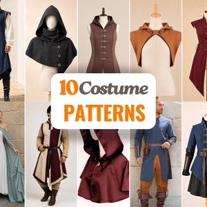 May include: A collection of 10 costume patterns featuring various garments including hooded capes, vests, tunics, and jackets in diverse colors like blue, maroon, and brown, displayed on mannequins and individuals with the text 10 Costume PATTERNS.