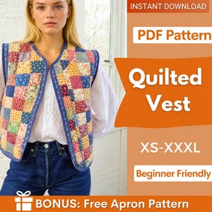 Könnte beinhalten: Eine Patchwork-Steppweste mit blauem Besatz. Die Weste besteht aus verschiedenen Stoffquadraten in Rot-, Blau-, Gelb- und Rosatönen. Das Bild enthält auch den Text "Quilted Vest" und "PDF Pattern".