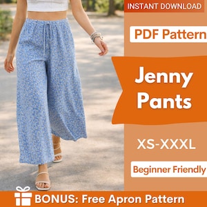 Può includere: Pantaloni blu con stampa floreale e vita con coulisse. L'immagine include il testo "Jenny Pants", "XS-XXXL" e "Beginner Friendly". L'immagine dice anche "BONUS: Free Apron Pattern".