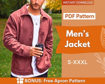 May include: A rust-colored zip-up jacket with a collar, worn over a white shirt. The image includes text: INSTANT DOWNLOAD, PDF Pattern, Men's Jacket, S-XXXL, and BONUS: Free Apron Pattern. The jacket features long sleeves and a front zipper.