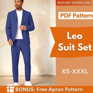 Könnte beinhalten: Ein blaues Anzugset bestehend aus einem Blazer und einer Hose, präsentiert als PDF-Schnittmuster. Der Text auf dem Bild lautet: INSTANT DOWNLOAD, PDF Pattern, Leo Suit Set, XS-XXXL und BONUS: Free Apron Pattern. Der Anzug wird über einem weißen T-Shirt getragen.