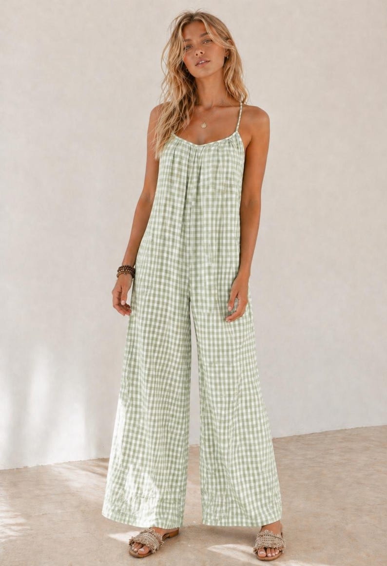 May include: A light green and white gingham-patterned jumpsuit with wide legs and spaghetti straps. The jumpsuit is made of a lightweight fabric, suitable for warm weather. The model is wearing sandals.