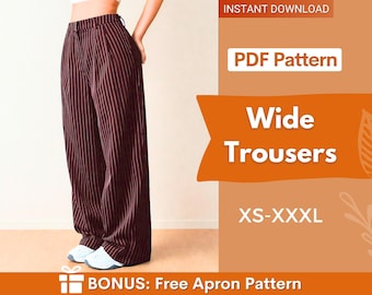 May include: Dark brown wide-leg trousers with thin vertical white pinstripes, featuring a high waist and front pleats. The image includes text: INSTANT DOWNLOAD, PDF Pattern, Wide Trousers, XS-XXXL, and BONUS: Free Apron Pattern.