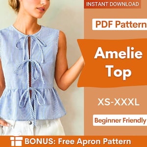 Top Sewing Pattern | Women Sewing Pattern | Blouse Pattern | Front Tie Top Pattern | Sewing Patterns for Beginner Top | Peplum Top, Tank Top