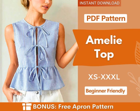 Top Sewing Pattern | Women Sewing Pattern | Blouse Pattern | Front Tie Top Pattern | Sewing Patterns for Beginner Top | Peplum Top, Tank Top