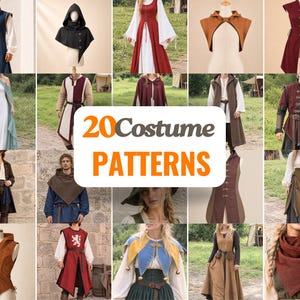 May include: A collection of 20 costume patterns featuring various historical-style garments including hooded vests, tunics, capes, and dresses in diverse colours like red, blue, brown, and black, displayed in a grid with the text 20 Costume PATTERNS.