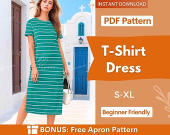 May include: A green and white horizontal striped t-shirt dress with short sleeves and a side slit. The text on the image reads: INSTANT DOWNLOAD, PDF Pattern, T-Shirt Dress, S-XL, Beginner Friendly, BONUS: Free Apron Pattern.