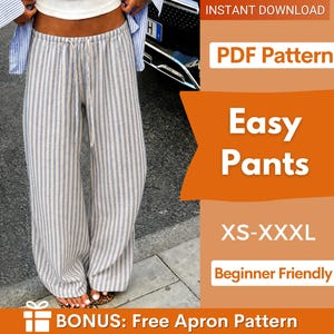 Puede incluir: Un patrón en PDF para pantalones fáciles en tallas XS-XXXL, con un diseño apto para principiantes. La imagen muestra pantalones de pierna ancha con un patrón de rayas verticales azules y blancas, cintura elástica con cordón y texto: INSTANT DOWNLOAD.