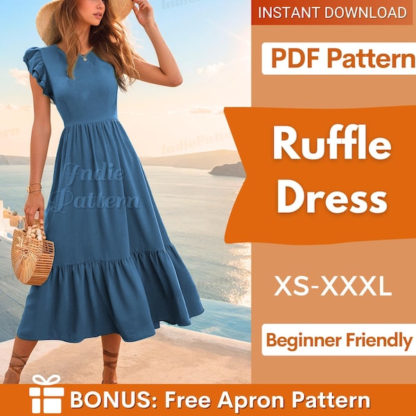 Jurkpatroon | XS-XXXL | Naaipatroon jurk met ruches | Patroon zomerjurk | Naaipatroon dames | PDF-patroon Easy Dress, jurk voor beginners