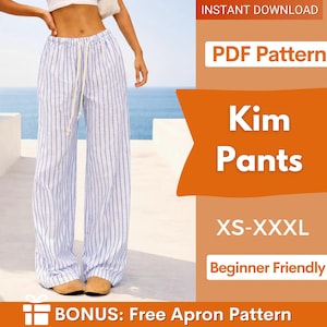Puede incluir: Pantalones Kim a rayas blancas y azules, con cintura con cordón y perneras anchas. La imagen incluye texto: "PDF Pattern", "Kim Pants", "XS-XXXL" y "Beginner Friendly".