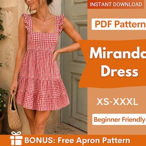 May include: A red and white gingham dress with ruffled shoulder straps and a tiered skirt. The text on the image reads: INSTANT DOWNLOAD, PDF Pattern, Miranda Dress, XS-XXXL, Beginner Friendly, BONUS: Free Apron Pattern.