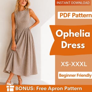 Könnte beinhalten: Ein ärmelloses Midikleid mit kleinem braun-weißem Karomuster, eng anliegendem Oberteil und plissiertem Rock. Der Text umfasst INSTANT DOWNLOAD, PDF Pattern, Ophelia Dress, XS-XXXL, Beginner Friendly und BONUS: Free Apron Pattern.