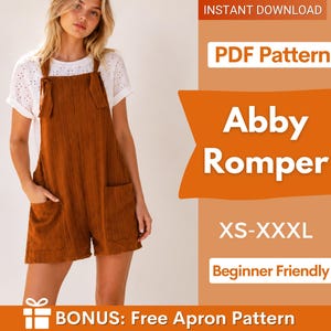 May include: A brown romper with shoulder ties and two front pockets worn over a white short-sleeved top with eyelet detailing. The image includes text: INSTANT DOWNLOAD, PDF Pattern, Abby Romper, XS-XXXL, Beginner Friendly, and BONUS: Free Apron Pattern.