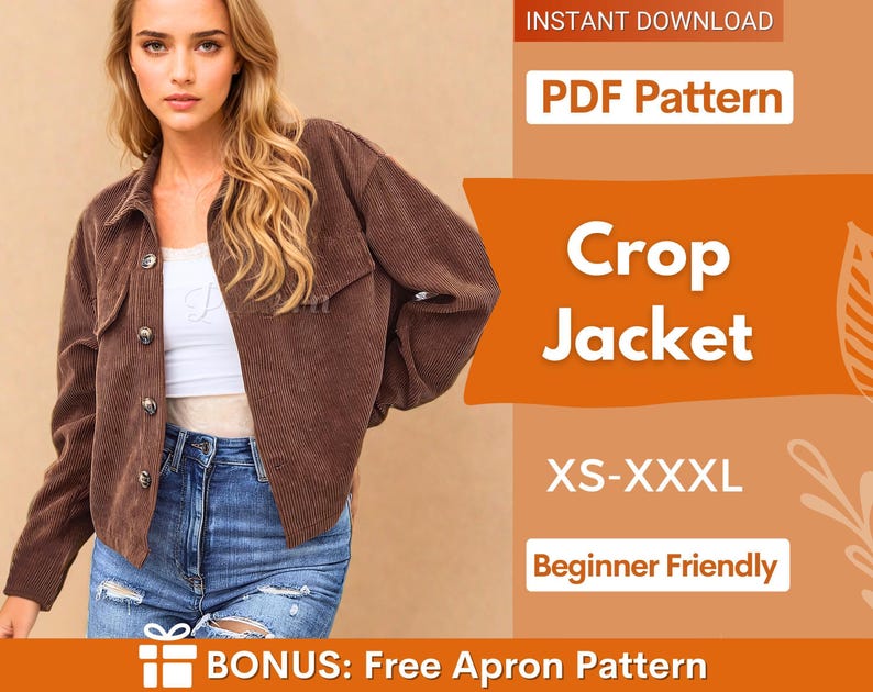 Crop Jacket Pattern for Women, XS-XXXL, Women Jacket Sewing Pattern, Women's Shirt Jacket, Shacket sewing pattern, Women Jacket Pattern PDF image 1