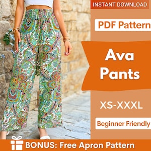 May include: Wide-leg pants featuring a vibrant multi-colored paisley pattern with green, orange, and blue tones. The text reads: INSTANT DOWNLOAD, PDF Pattern, Ava Pants, XS-XXXL, Beginner Friendly, BONUS: Free Apron Pattern.