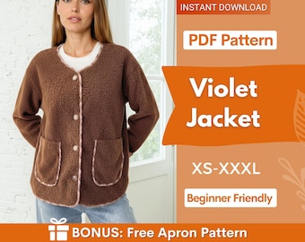 May include: A brown fleece jacket with a round neckline, four front buttons, and two patch pockets. The text on the image reads: INSTANT DOWNLOAD, PDF Pattern, Violet Jacket, XS-XXXL, Beginner Friendly, BONUS: Free Apron Pattern.