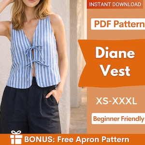 Könnte beinhalten: Eine blau-weiß gestreifte Weste mit Bindeband. Das Bild enthält auch den Text "Diane Vest" und "XS-XXXL". Die Weste ist Teil eines PDF-Musters und ist für Anfänger geeignet.