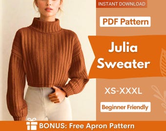 Sweater Sewing Pattern | Sweatshirt Pattern | Turtleneck Sweater Pattern | Sewing Patterns | Women Sweater Pattern | Mock Neck Top Pattern