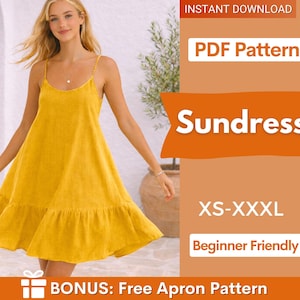 May include: A yellow sundress with thin spaghetti straps and a ruffled hemline. The image includes text: INSTANT DOWNLOAD, PDF Pattern, Sundress, XS-XXXL, Beginner Friendly, and BONUS: Free Apron Pattern. The dress features a simple, loose silhouette.